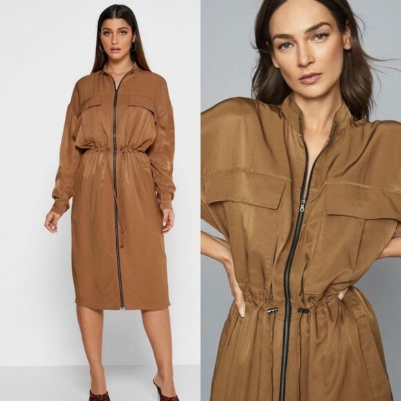 Reiss Zipper Shirt Dress Brown Long Sleeve Sylvie Size 4 Midi Brown Utility Boho - Picture 1 of 14
